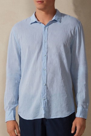 Men Intimissimi Linen And Cotton Shirt Light Blue | 4076983-QN