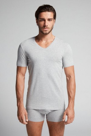 Men Intimissimi Stretch Superior Cotton V-Neck T-Shirt Light Grey | 0594832-VG