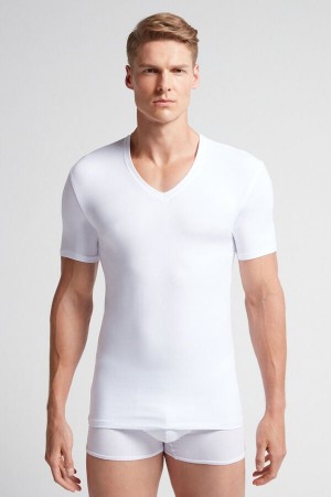 Men Intimissimi Stretch Superior Cotton V-Neck T-Shirt White | 3294170-TM