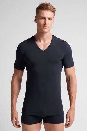 Men Intimissimi Stretch Superior Cotton V-Neck T-Shirt Black | 3594761-LW