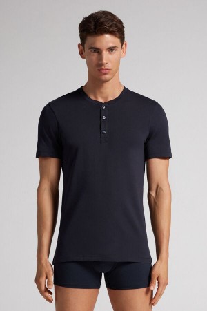 Men Intimissimi Superior Cotton Henley T-Shirt Black | 8592147-WE