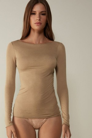 Women Intimissimi Boat Neck Modal Cashmere Ultralight Long Sleeve Brown | 2948357-PL