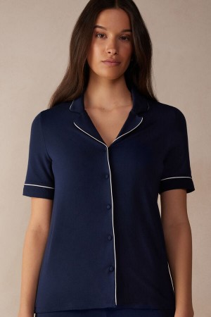 Women Intimissimi Button Up In Modal Shirt Blue | 2965103-OA