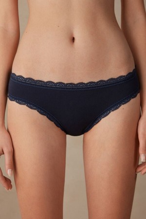 Women Intimissimi Cotton And Lace Panties Blue | 6573480-IY