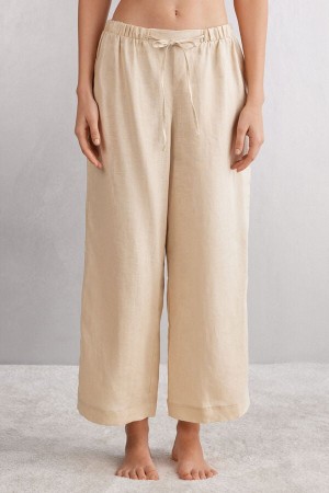 Women Intimissimi Full Length Linen Cloth With Drawstring Pants Beige | 5349728-AH