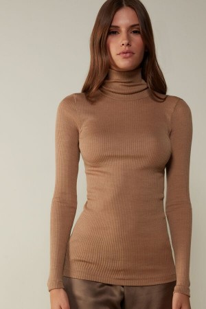 Women Intimissimi High-Neck Tubular In Wool And Silk Sweater Brown | 7983645-AX