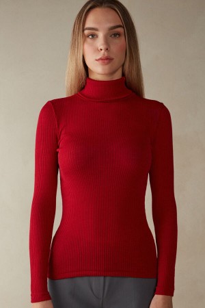 Women Intimissimi High-Neck Tubular In Wool And Silk Sweater Red | 1947250-UL