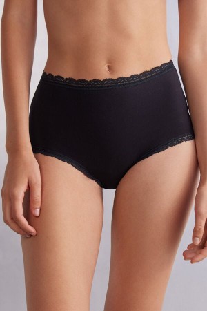 Women Intimissimi High Rise Cotton And Lace Hipsters Briefs Black | 3419786-MJ