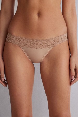 Women Intimissimi Lace And Microfiber Modifiedzilian Briefs Orange Beige | 1973506-EC