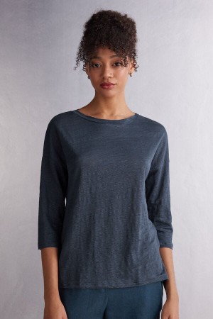 Women Intimissimi Linen Bateau Neck Long Sleeve Blue | 9083461-EP