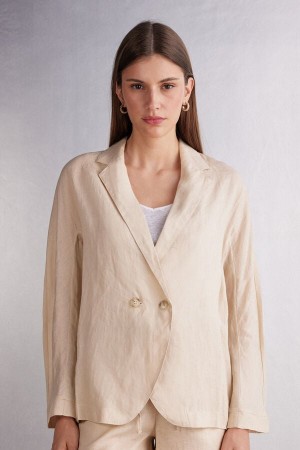 Women Intimissimi Linen Cloth Double Breasted Jacket Beige | 9803562-NI