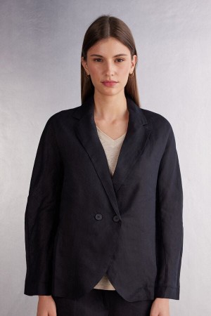 Women Intimissimi Linen Cloth Double Breasted Jacket Black | 7235980-FL