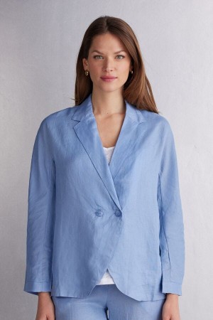 Women Intimissimi Linen Cloth Double Breasted Jacket Blue | 2805973-QS