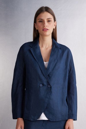 Women Intimissimi Linen Cloth Double Breasted Jacket Blue | 4671085-QW