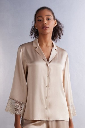 Women Intimissimi Living In Luxe Menswear Cut Silk Shirt Beige | 6417932-UZ