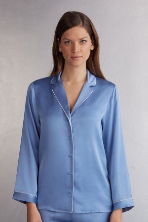 Women Intimissimi Mannish-Cut In Silk Satin Jacket Blue | 8029675-QK