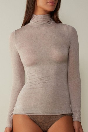 Women Intimissimi Modal Cashmere Ultralight High-Neck Long Sleeve Beige | 8537491-GM