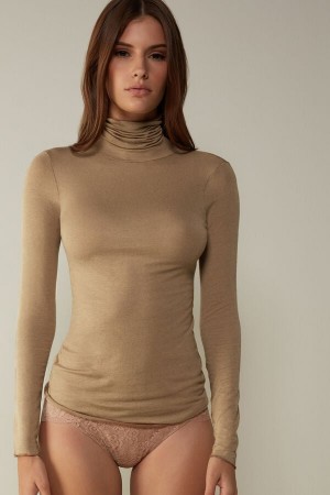 Women Intimissimi Modal Cashmere Ultralight High-Neck Long Sleeve Brown | 5013947-SH