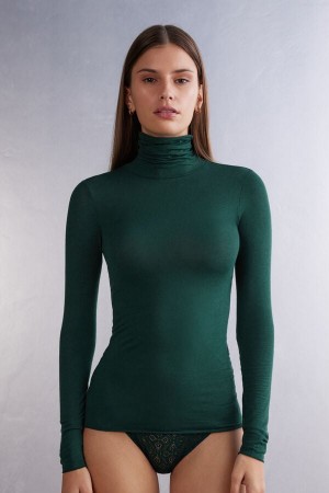 Women Intimissimi Modal Cashmere Ultralight High-Neck Long Sleeve Green | 6091423-SN