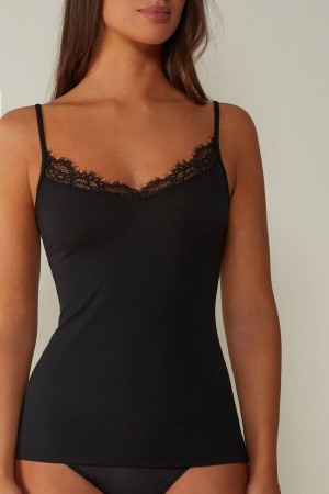 Women Intimissimi Modal Ultralight Cashmere Blend With Lace Tank Top Black | 0728615-HB