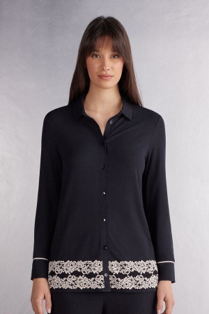 Women Intimissimi Pretty Flowers Button Up In Modal Shirt Black / White | 6129584-MV