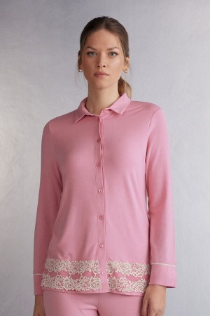 Women Intimissimi Pretty Flowers Button Up In Modal Shirt Pink / White | 0845372-GP