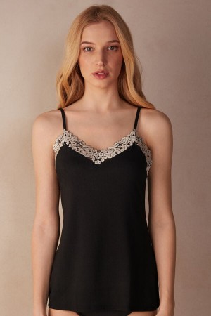 Women Intimissimi Pretty Flowers Modal Tank Top Black / White | 2150763-CW