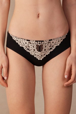 Women Intimissimi Pretty Flowers Seamless Cotton Panties Black / White | 2654739-LE