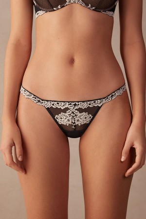 Women Intimissimi Pretty Flowers String Thong Black / White | 0516324-OB