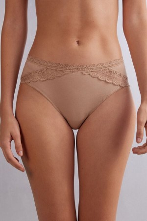 Women Intimissimi Semi-High Rise Cotton And Lace Panties Orange Beige | 9520631-NE