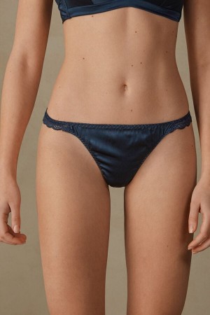 Women Intimissimi Silk And Lace G-String Thong Blue | 7920154-AH