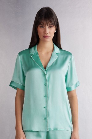 Women Intimissimi Silk With Contrast Trim Shirt Green | 7592413-KP