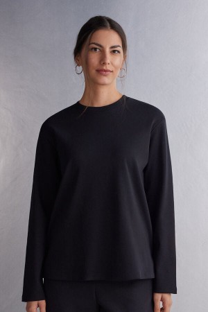 Women Intimissimi Top In Cotton Long Sleeve Black | 4019653-ZA