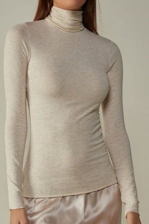 Women Intimissimi Turtleneck In Modal Light With Cashmere Lamé Long Sleeve Cream White | 5097641-NW