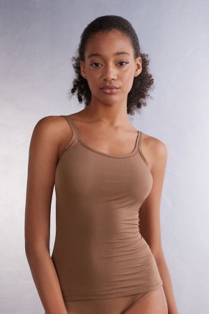 Women Intimissimi Ultralight Cotton Tank Top Dark Beige | 5476019-BA