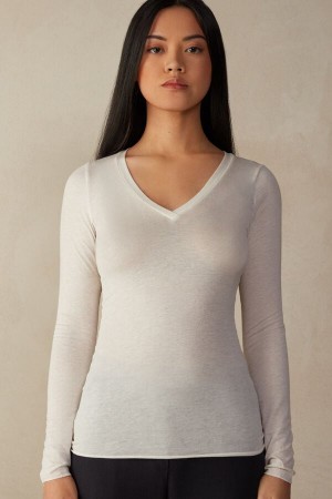 Women Intimissimi V-Neck Top In Modal Ultralight With Cashmere Long Sleeve Light Yellow | 0852943-KW