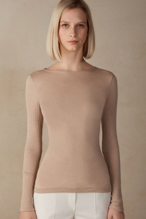 Women Intimissimi Wide Neck Wool And Silk Sweater Beige | 0681942-MZ