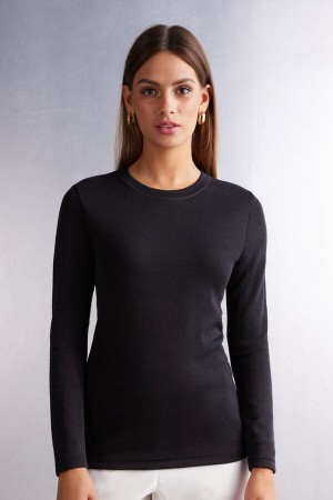 Women Intimissimi Wool Cotton Crewneck Sweater Black | 6048319-LU