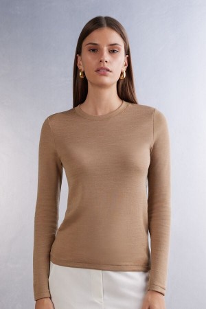 Women Intimissimi Wool Cotton Crewneck Sweater Brown | 5840216-EK