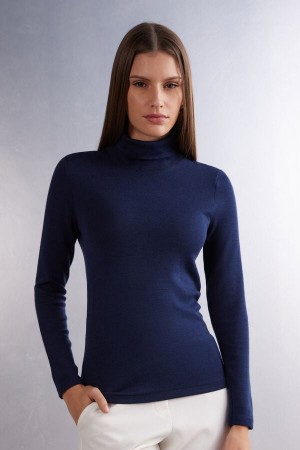 Women Intimissimi Wool Cotton High Collar Long Sleeve Blue | 6729148-CR