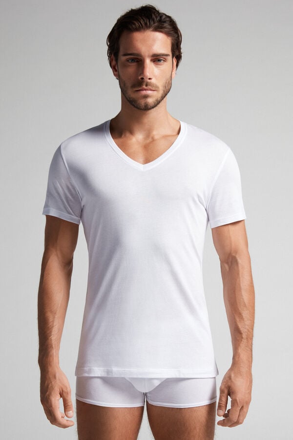 Men Intimissimi Extrafine Superior Cotton V-Neck T-Shirt White | 9283064-VQ