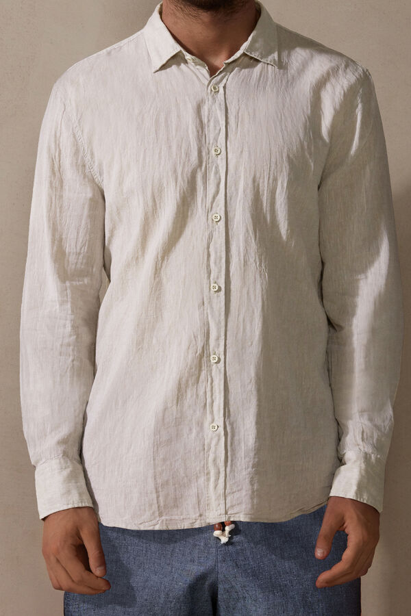 Men Intimissimi Linen And Cotton Shirt Beige White | 7539126-QU