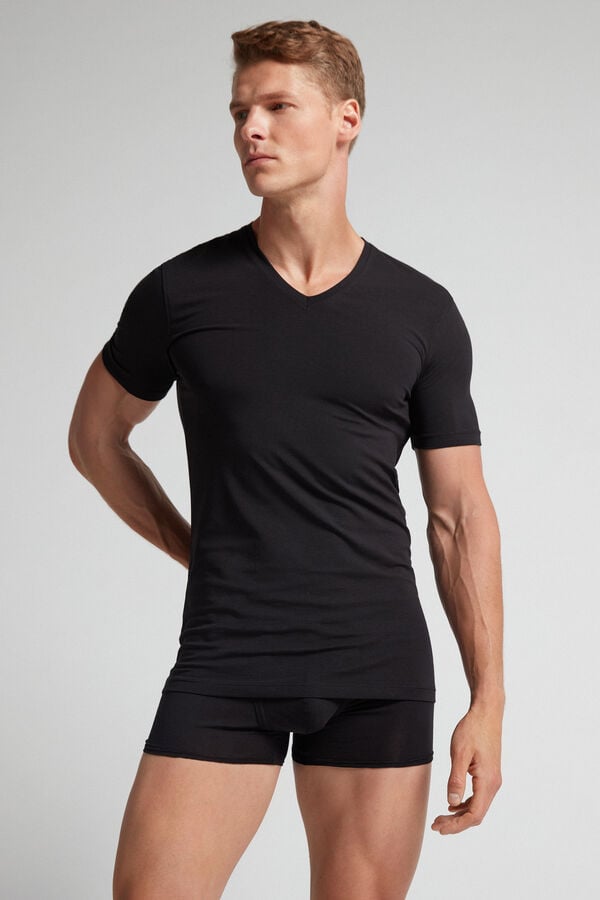 Men Intimissimi Stretch Superior Cotton V-Neck T-Shirt Black | 4372095-JG