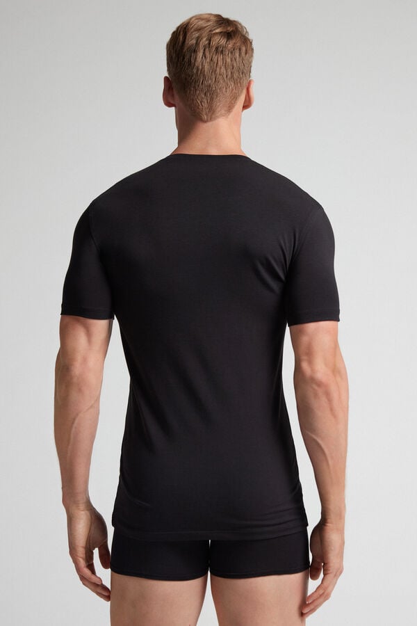 Men Intimissimi Stretch Superior Cotton V-Neck T-Shirt Black | 4372095-JG