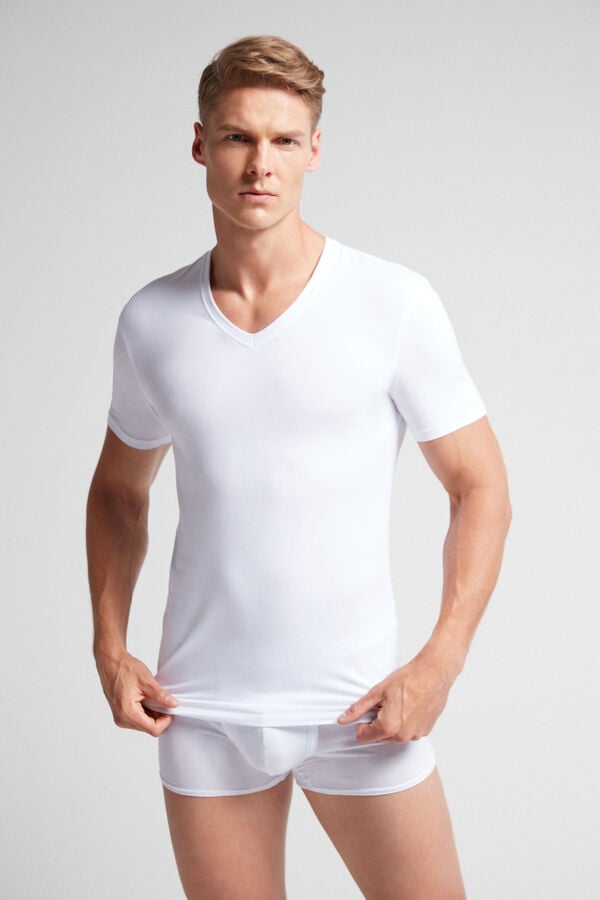 Men Intimissimi Stretch Superior Cotton V-Neck T-Shirt White | 3294170-TM