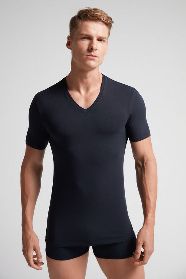 Men Intimissimi Stretch Superior Cotton V-Neck T-Shirt Black | 3594761-LW