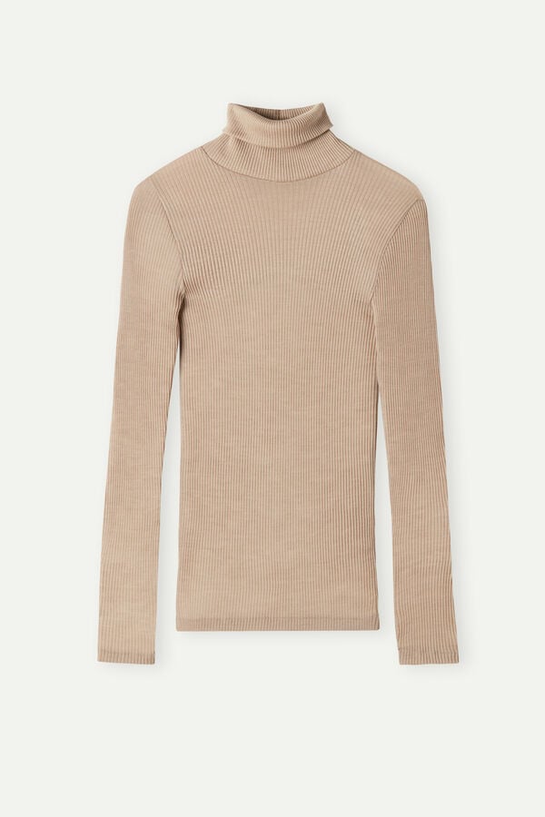 Women Intimissimi High-Neck Tubular In Wool And Silk Sweater Beige | 1537984-HR