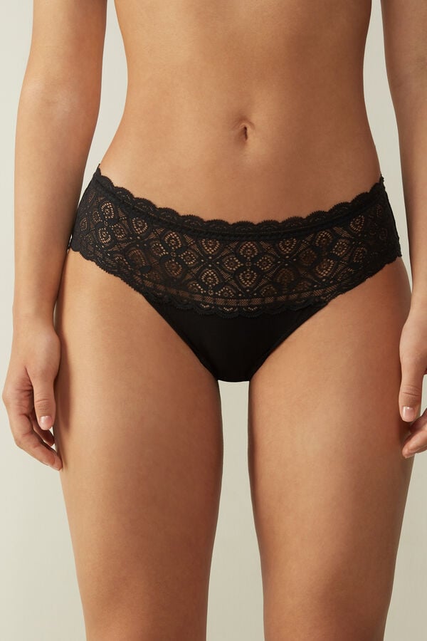 Women Intimissimi Lace And Cotton High Rise Panties Black | 3017456-HP