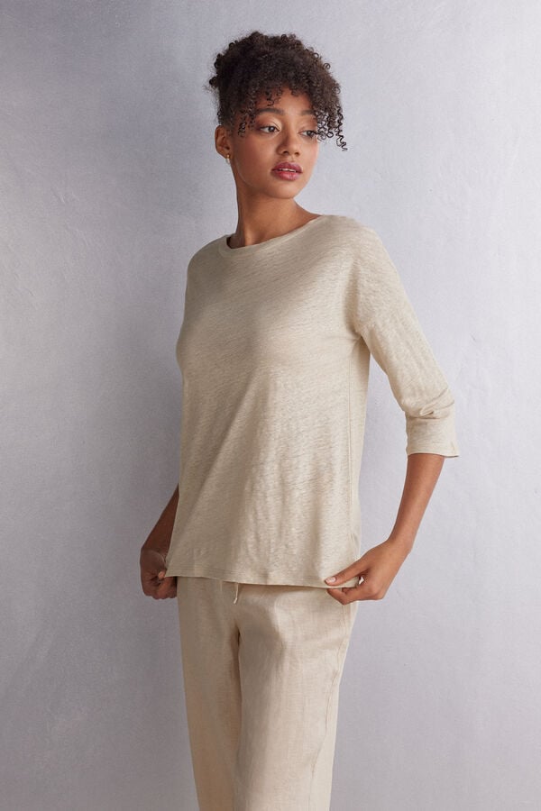 Women Intimissimi Linen Bateau Neck Long Sleeve Beige | 5291064-TM