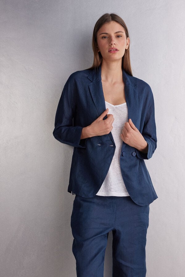 Women Intimissimi Linen Cloth Double Breasted Jacket Blue | 4671085-QW